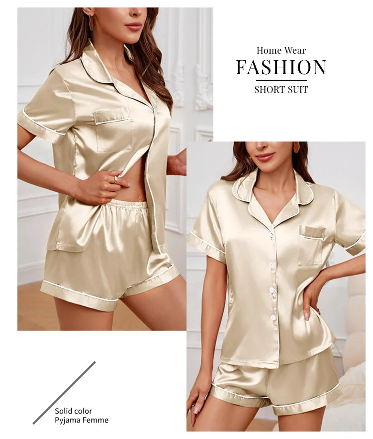 Silk Satin Pajama Set – Button-Down Top & Shorts 2-Piece Sleepwear Style Heaven