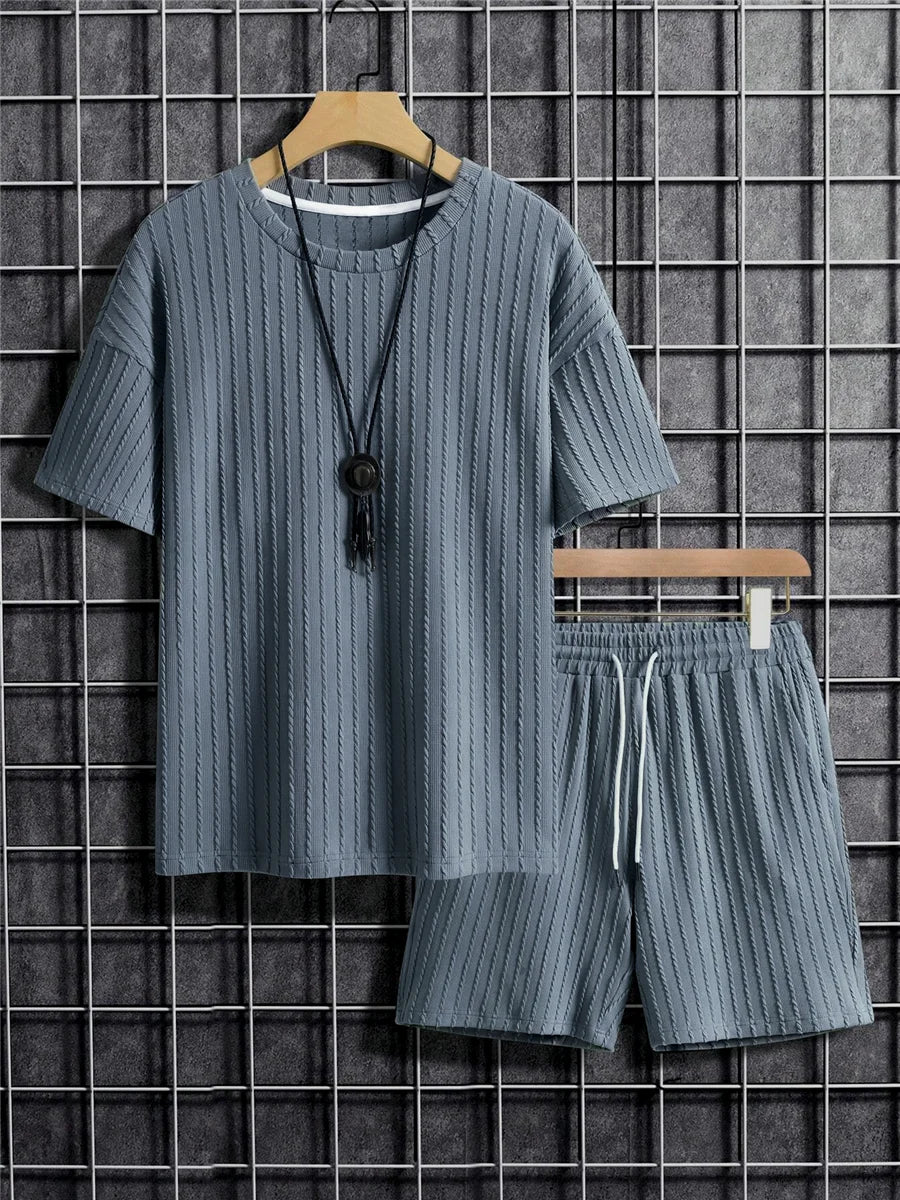 Men’s Two-Piece Summer Set – Solid Stripe T-Shirt & Shorts Casual Gym Streetwear Style Heaven