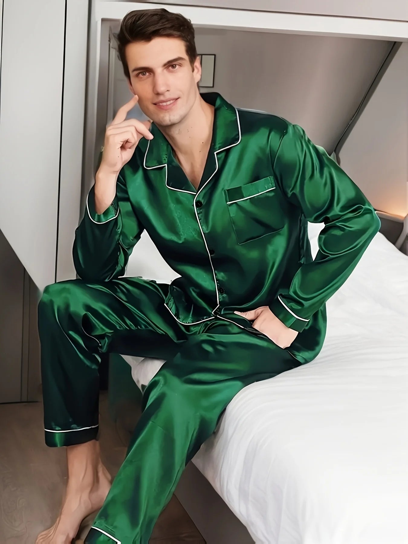 Men’s Silk Satin Pajama Set – Long-Sleeve Winter Sleepwear & Loungewear Style Heaven