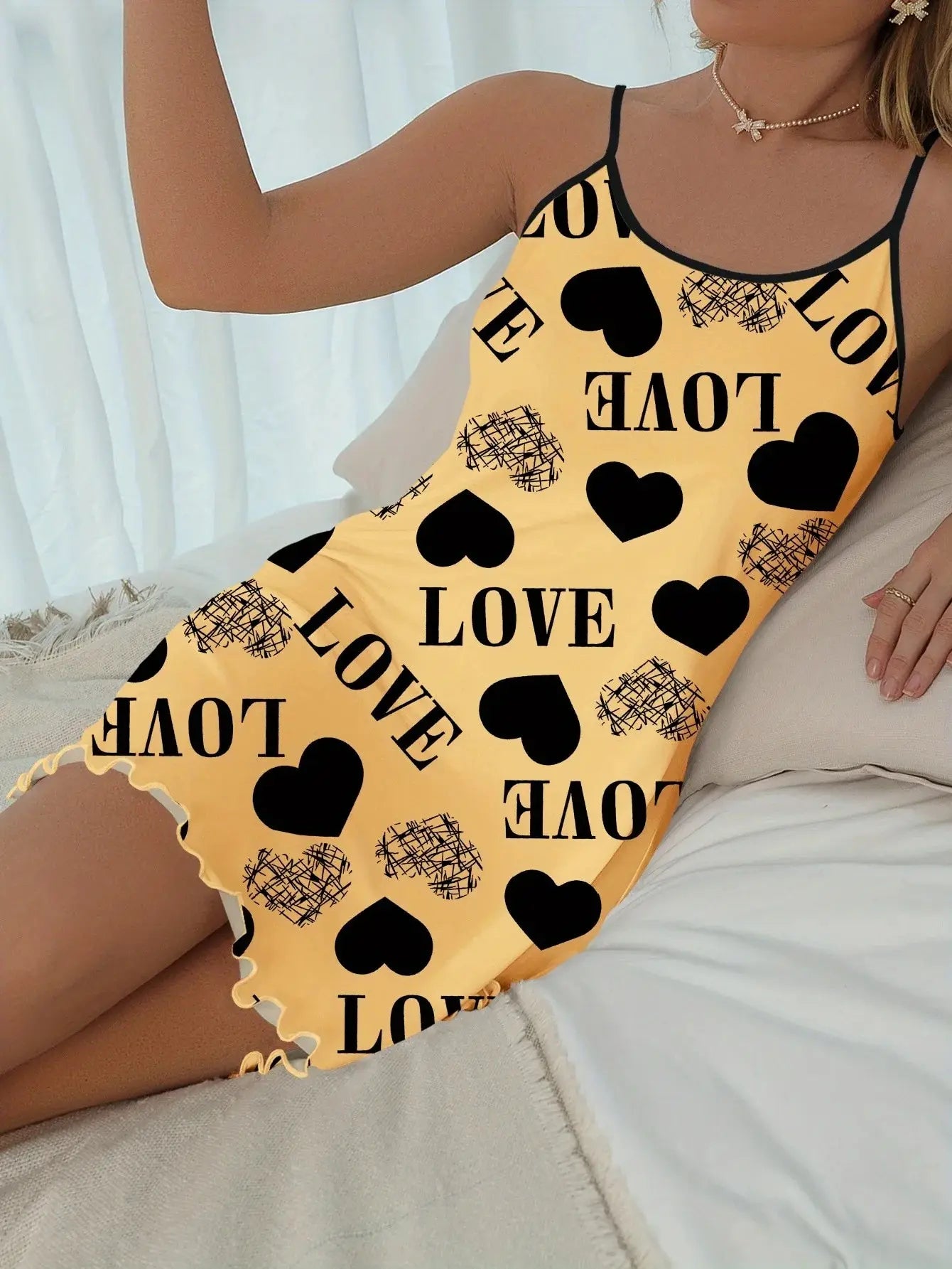 Women's Heart & Letter Print Nightdress – Sexy Lettuce Trim Slip Sleepwear Style Heaven