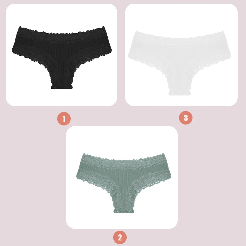 3PCS Women's Lace Seamless Cotton Panties – Ribbed Brazilian Low Waist Underwear, Breathable & Plus Size Lingerie Style Heaven