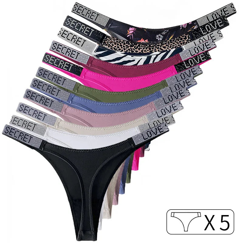 5-Pack Rhinestone Letter Thongs – Low Waist G-String Panties | S–XL
