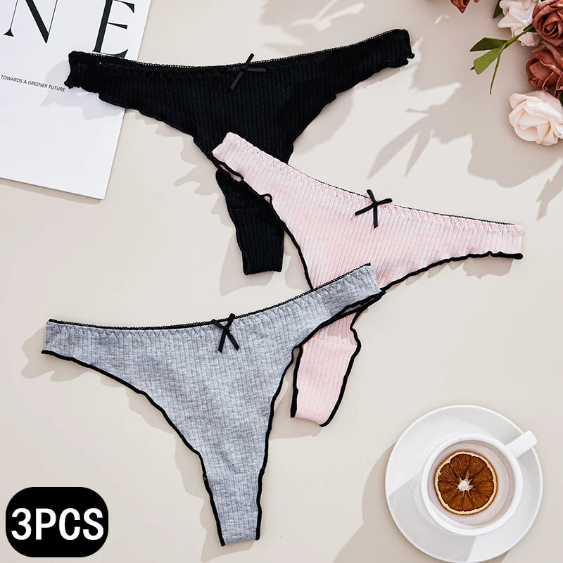 3-Pack Ribbed Cotton Thong Panties – Low Rise G-String with Bow Detail