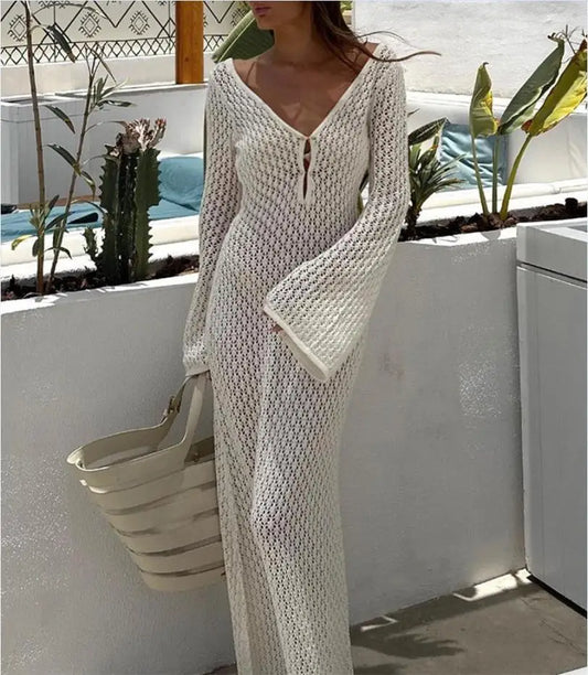 Sexy Women’s Long Knit Beach Dress – Hollow-Out Deep V-Neck Bikini Cover-Up Style Heaven