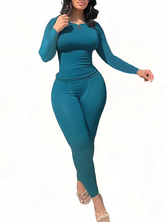 Women's 2PCS Solid Color Yoga Set – Long Sleeve Top & High-Stretch Leggings Activewear Style Heaven