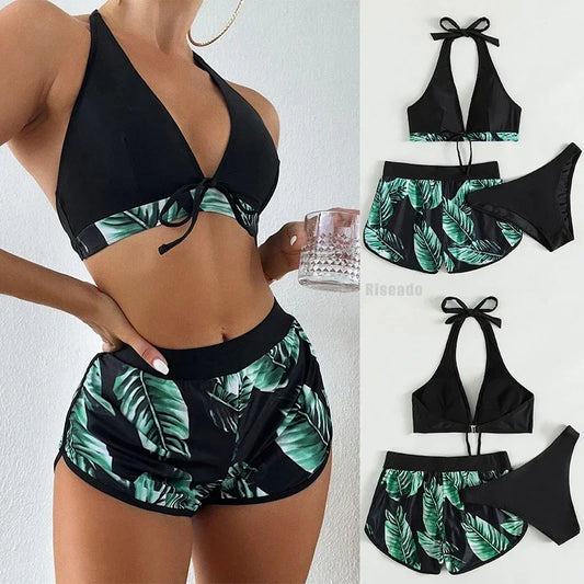 Women’s Sexy Leaf Print 3-Piece High Waist Bikini Set – Stylish Beach Swimwear Style Heaven
