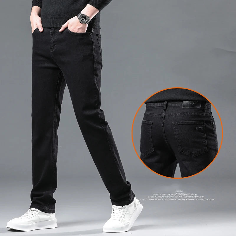 Men’s Pure Black Straight Fit Jeans – Classic Elastic Denim Business Trousers - Style Heaven