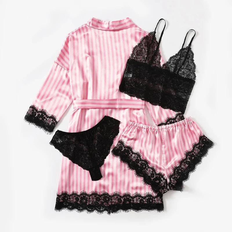 4-Piece Satin & Lace Pajama Set – Pink & White Striped Sleepwear Style Heaven