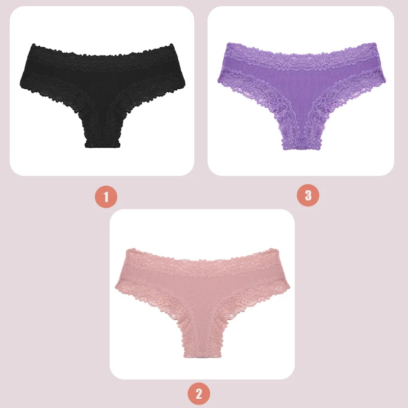 3PCS Women's Lace Seamless Cotton Panties – Ribbed Brazilian Low Waist Underwear, Breathable & Plus Size Lingerie Style Heaven