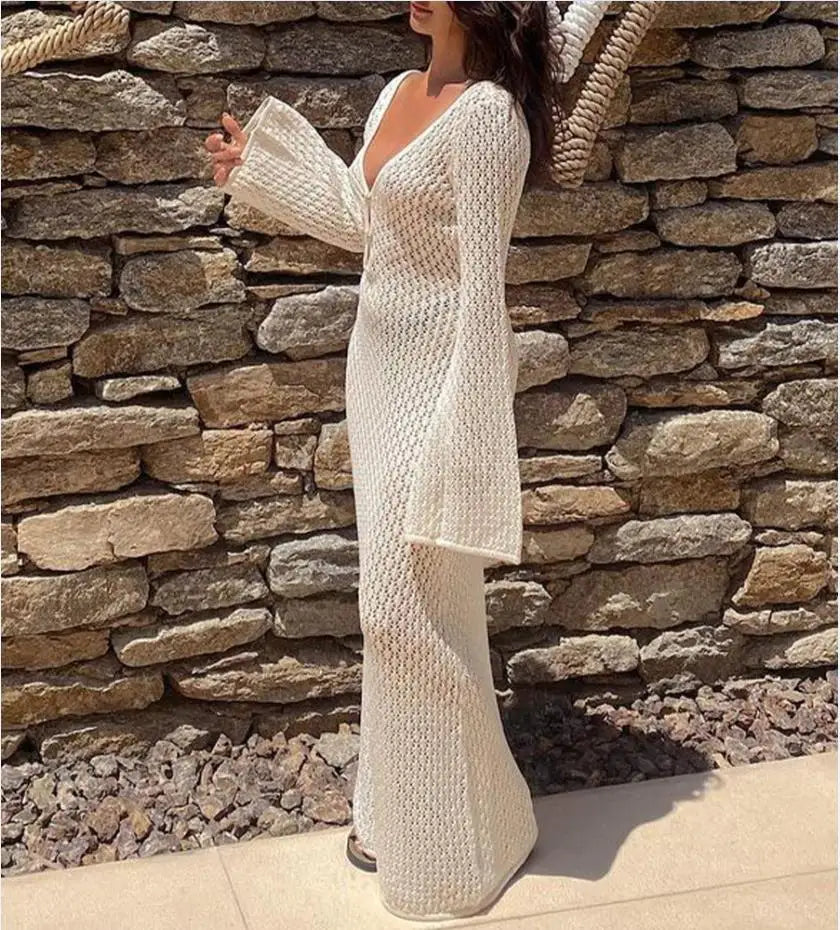 Sexy Women’s Long Knit Beach Dress – Hollow-Out Deep V-Neck Bikini Cover-Up Style Heaven
