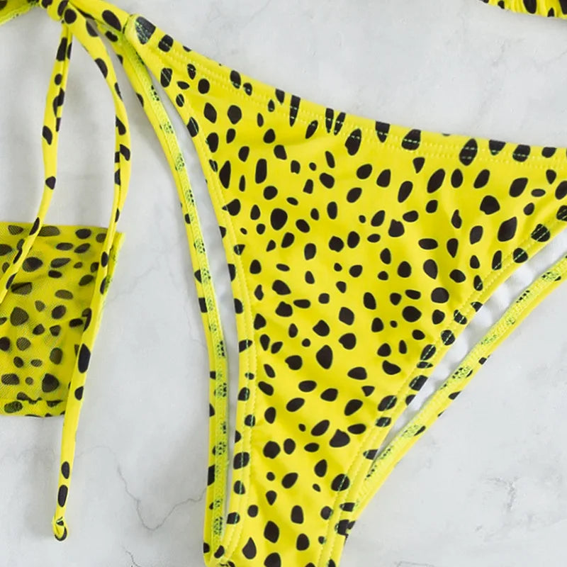 Leopard Print 3-Piece Micro Bikini Set – Halter Top, Low Waist Bottoms & Cover-Up - Style Heaven