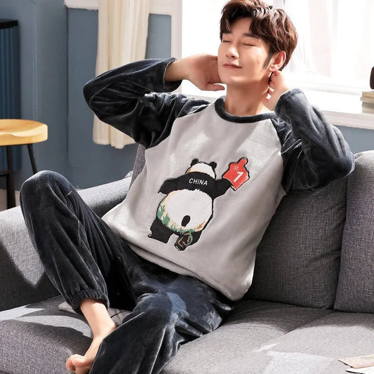 Men's Coral Fleece Pajama Set – Warm Long-Sleeve Lounge Wear for Autumn & Winter Style Heaven