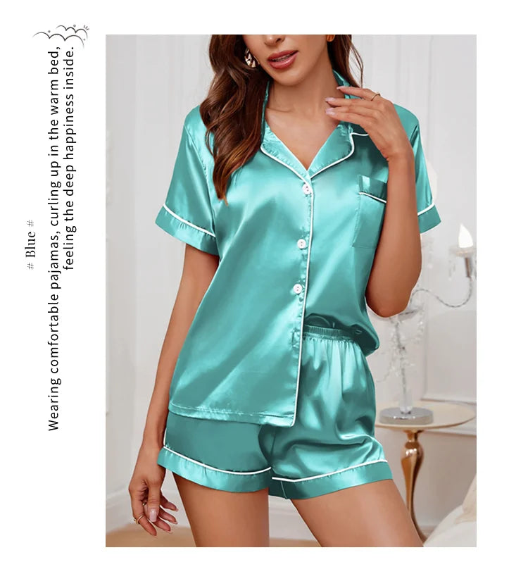 Silk Satin Pajama Set – Button-Down Top & Shorts 2-Piece Sleepwear Style Heaven