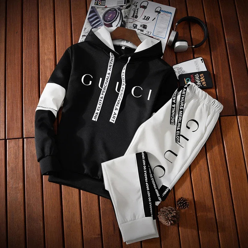 Mens Tracksuit Warm Hooded Sweatshirt+Sweatpants 2 Pcs Sets Winter High Quality Black White Top Or Pants Casual Jogging Clothing Style Heaven