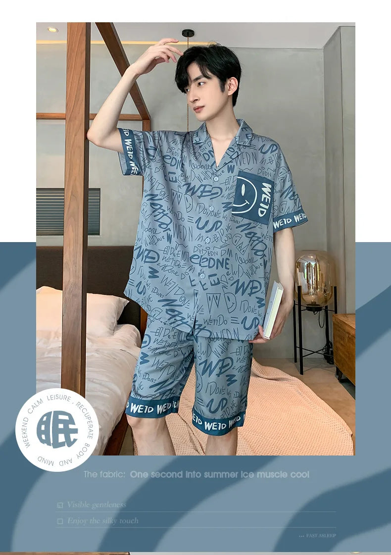 Men’s Ice Silk Pajama Set – Short-Sleeve & Shorts Summer Sleepwear Style Heaven