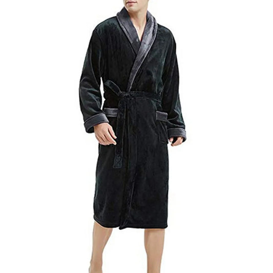 Men’s Winter Flannel Hooded Bathrobe – Warm Solid Color Nightgown with Belt & Pockets Style Heaven