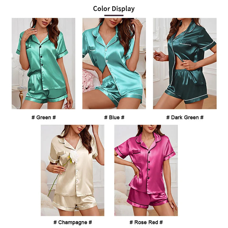 Silk Satin Pajama Set – Button-Down Top & Shorts 2-Piece Sleepwear Style Heaven