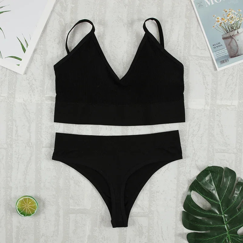 2-Piece Seamless Bralette & G-String Set – Soft Tank Crop Lingerie
