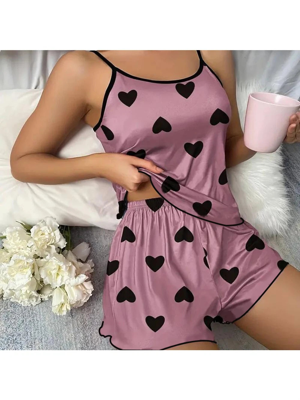 Pink Heart Print Pajama Set – Comfy Ice Silk Summer Sleepwear Style Heaven