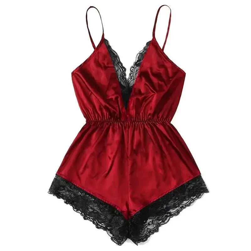 Sexy Lace Backless Pajama Set – V-Neck Bodysuit & Bow Shorts Style Heaven