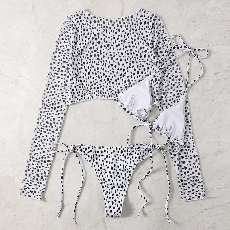 Leopard Print 3-Piece Micro Bikini Set – Halter Top, Low Waist Bottoms & Cover-Up - Style Heaven