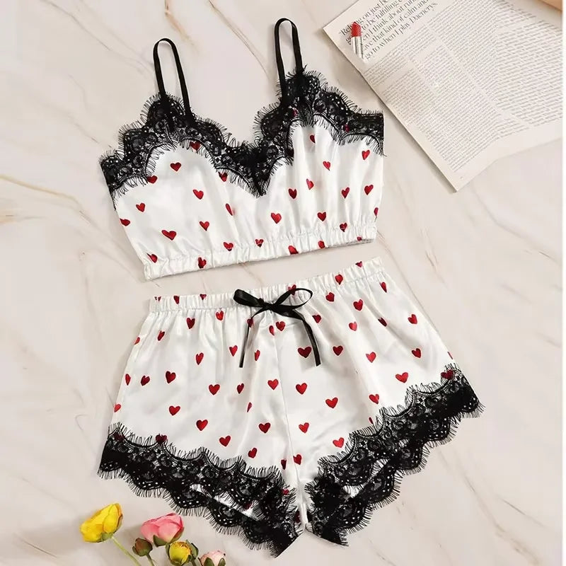 Women's Heart & Letter Print Nightdress – Sexy Lettuce Trim Slip Sleepwear Style Heaven