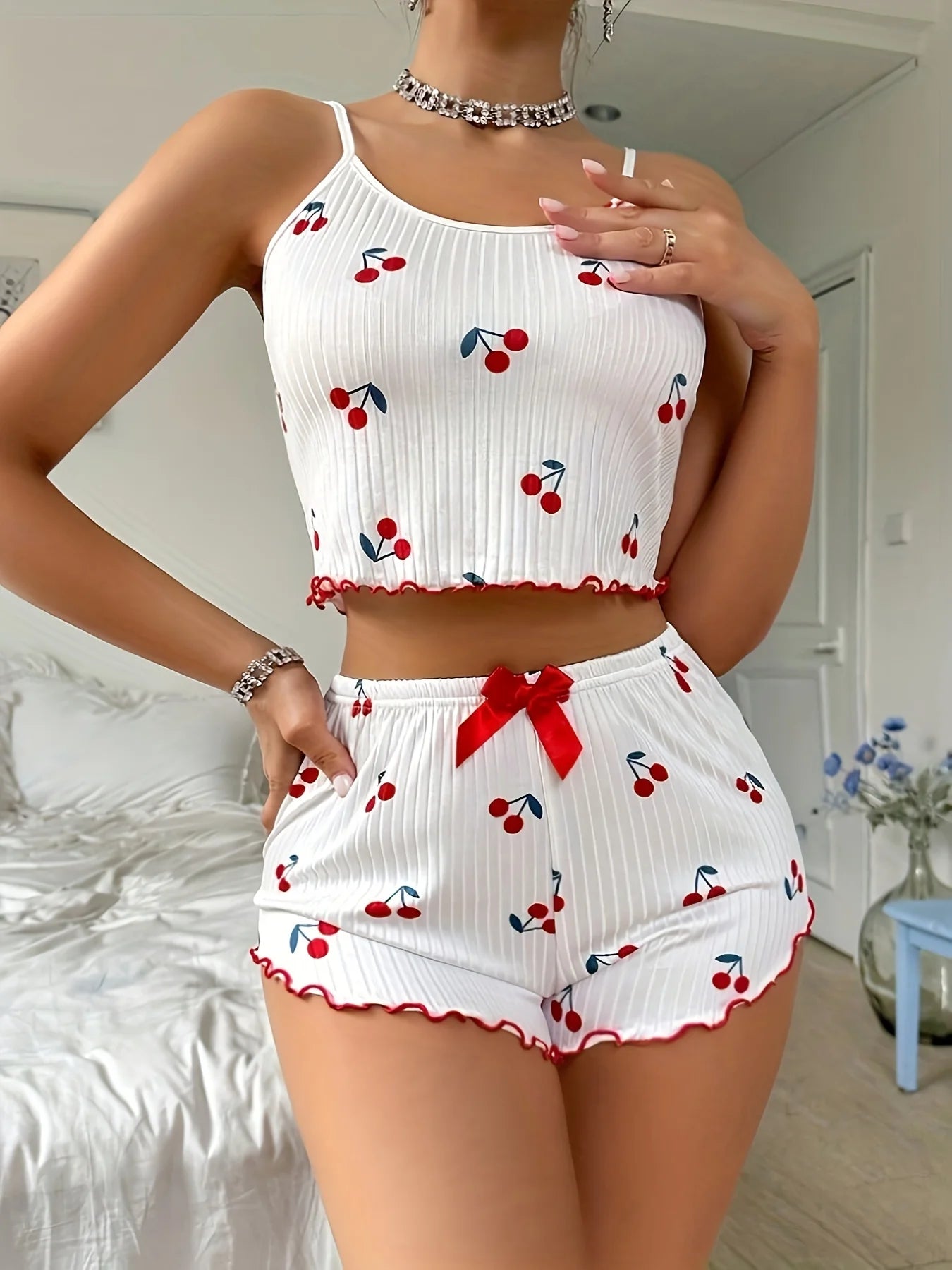 Heart Print Backless Pajama Set – Cute & Comfy Summer Loungewear Style Heaven