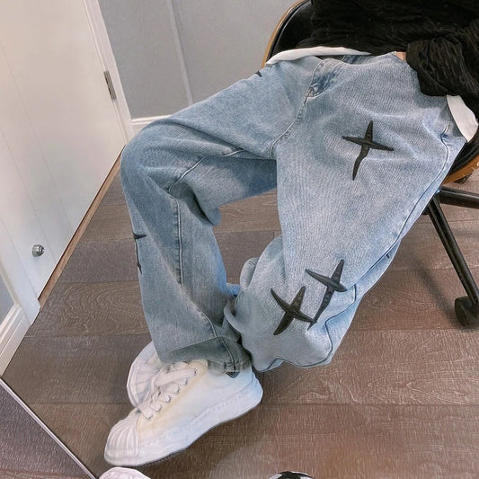 Men’s Wide-Leg Streetwear Denim Cargo Jeans – Korean Fashion Baggy Fit Casual Pants Style Heaven