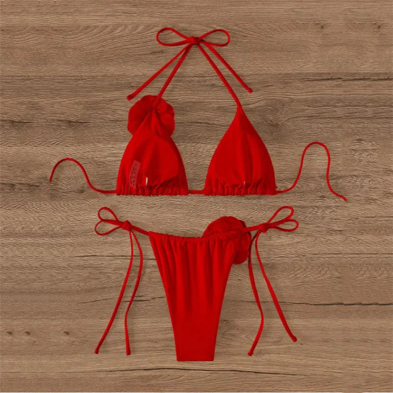 Sexy Flower Bandeau Swimwear Thong Bikini – Lace-Up Brazilian Bikinis Set for Women Style Heaven