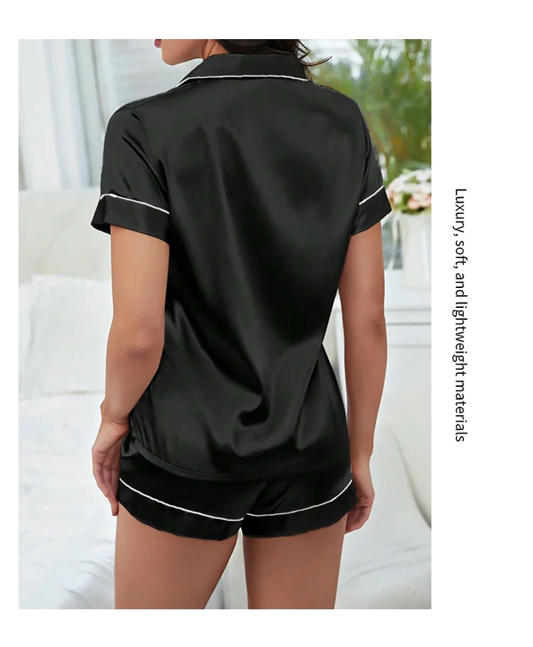 Silk Satin Pajama Set – Button-Down Top & Shorts 2-Piece Sleepwear Style Heaven
