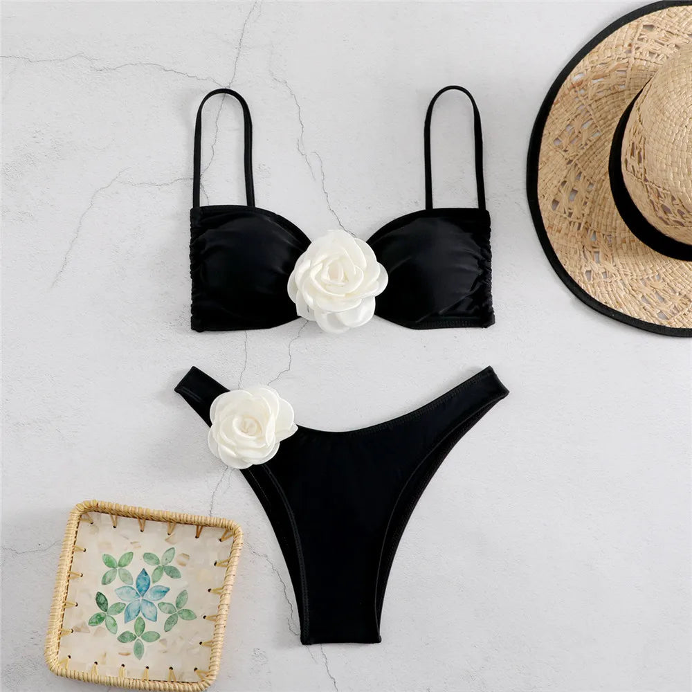 Sexy Flower Bandeau Swimwear Thong Bikini – Lace-Up Brazilian Bikinis Set for Women Style Heaven