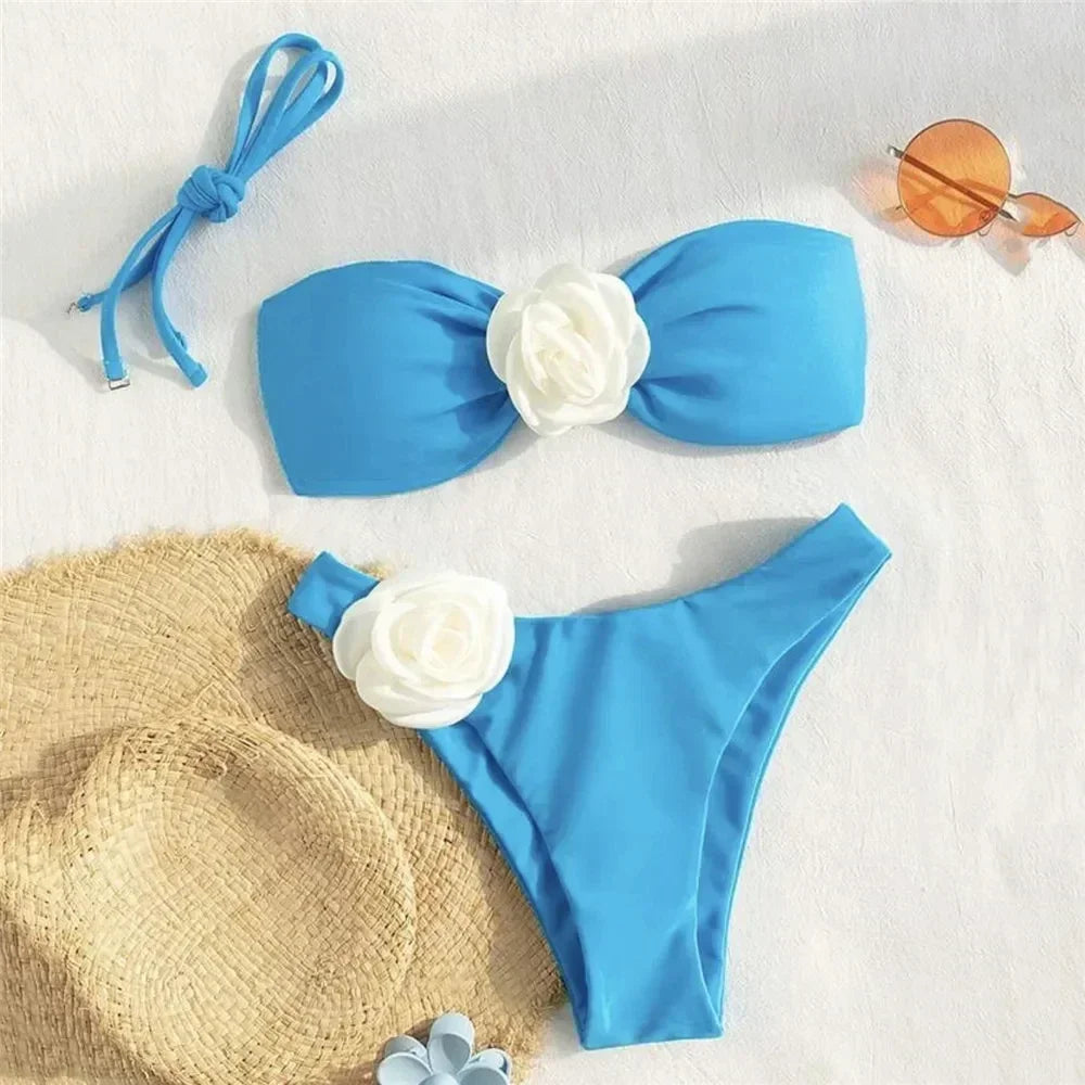 Sexy Flower Bandeau Swimwear Thong Bikini – Lace-Up Brazilian Bikinis Set for Women Style Heaven