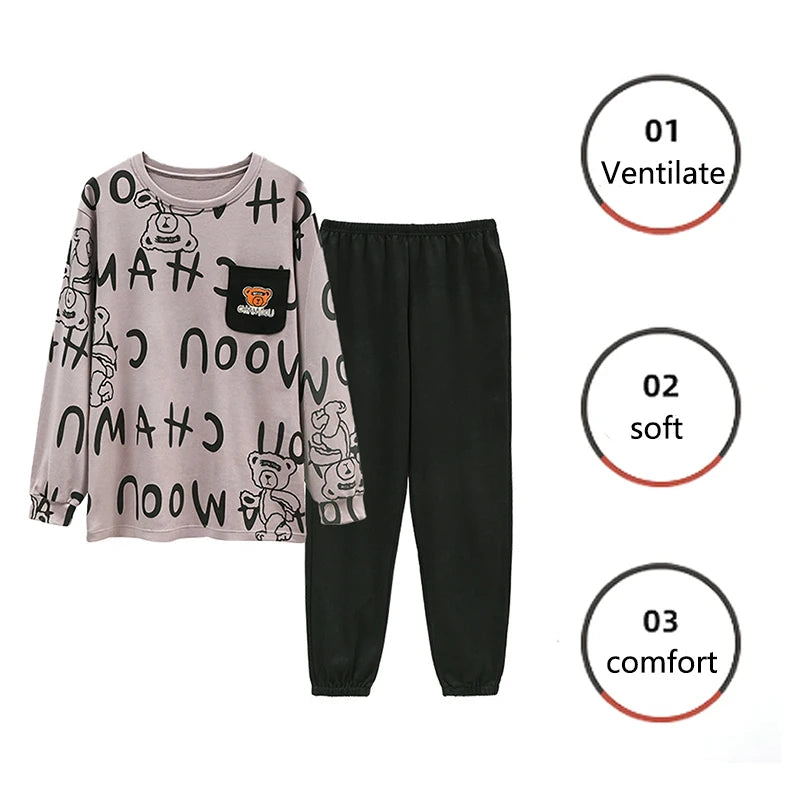 Men’s Plus Size Cartoon Bear Pajama Set – Cozy Striped Long-Sleeve Loungewear - Style Heaven