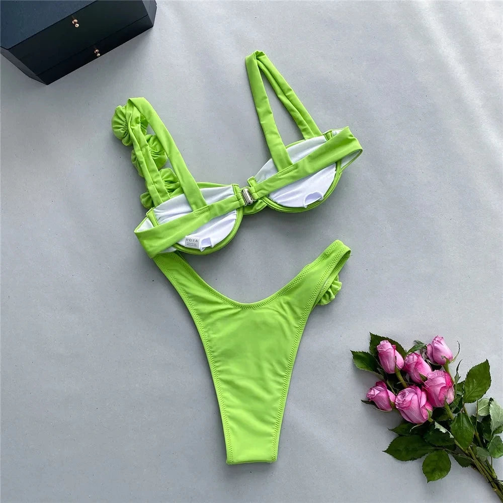 Sexy 3D Flower Shiny Pink Push-Up Bikini – Underwired High-Cut Bathing Suit with Wrinkled Detailing – 2025 Swimwear Set Style Heaven