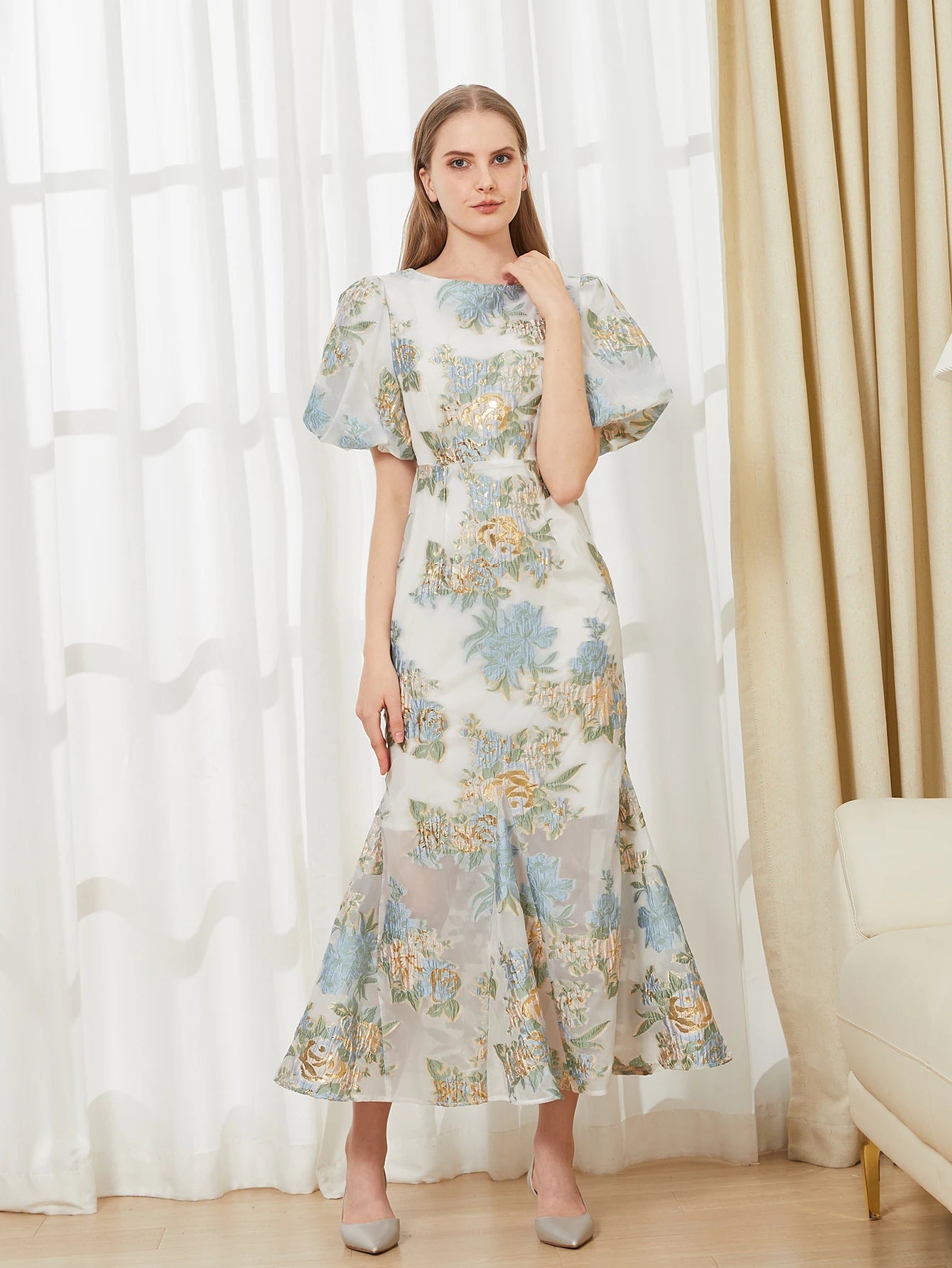 Elegant Floral Organza Fishtail Long Dress – Luxury Mermaid Evening Dresses Puff Sleeve Bodycon Party Club Dress Style Heaven