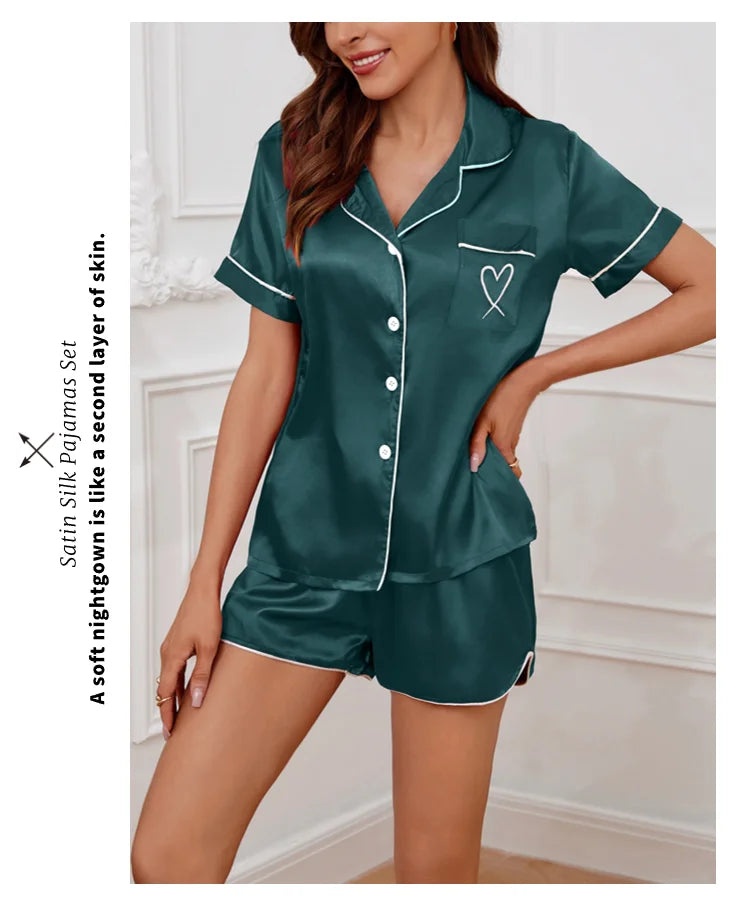 Women’s Heart Embroidered Pajama Set – Short Sleeve Button-Down & Shorts Style Heaven