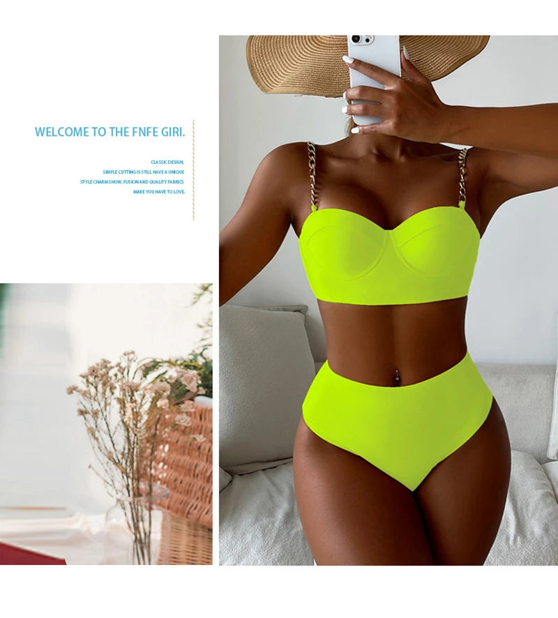 7 Colors High Waist Bikini Set – Padded Wrap Top with Chain Shoulder Straps – Fluorescent Green/Black/Bright Orange Style Heaven