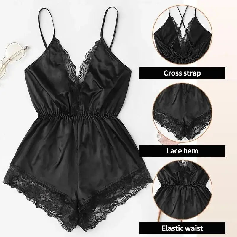 Sexy Lace Backless Pajama Set – V-Neck Bodysuit & Bow Shorts Style Heaven