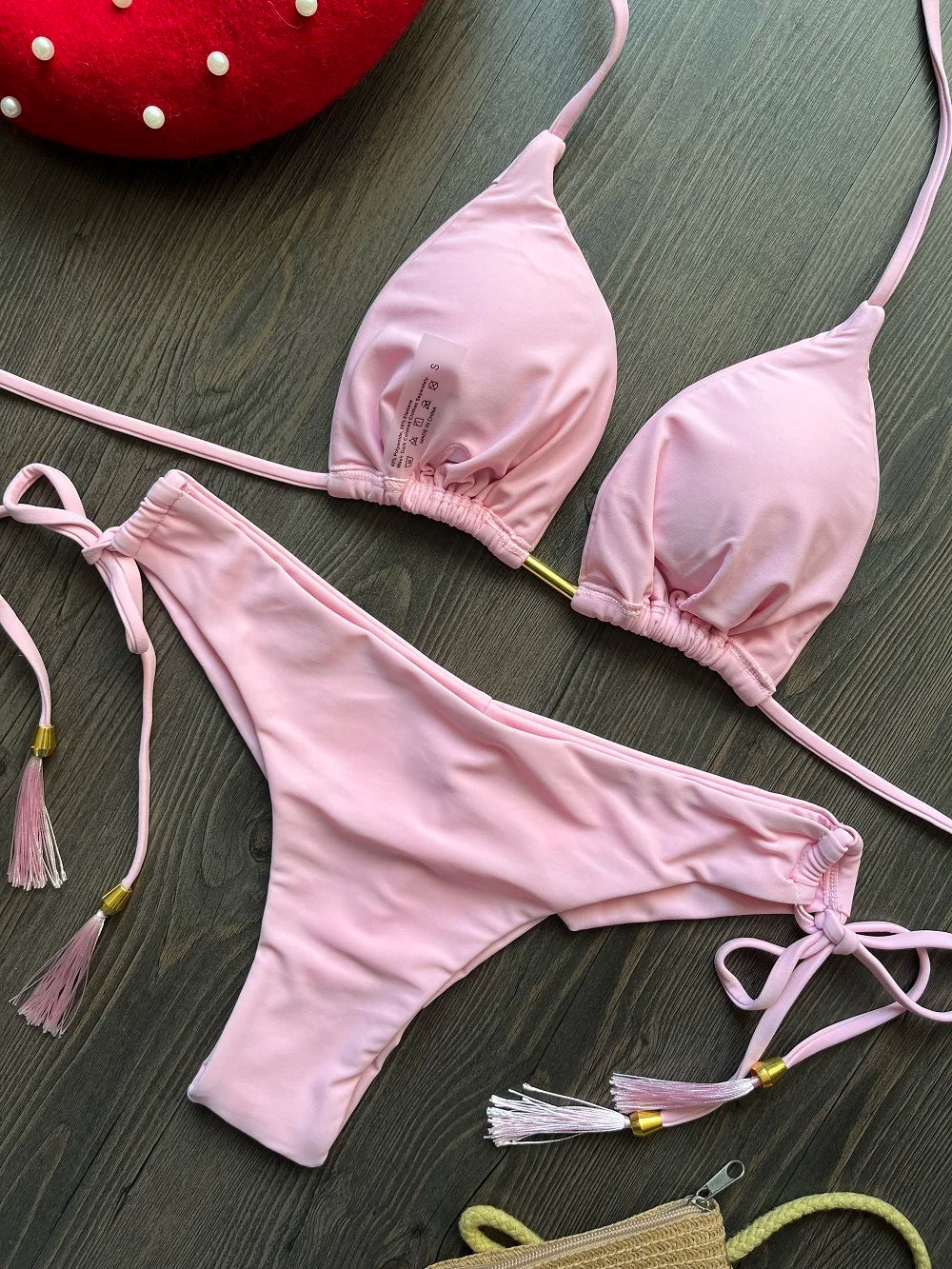 Sexy Triangle Bathing Suit for Women – Brazilian Bikini Halter Swimwear with Push Up and Metal Chain Details Style Heaven