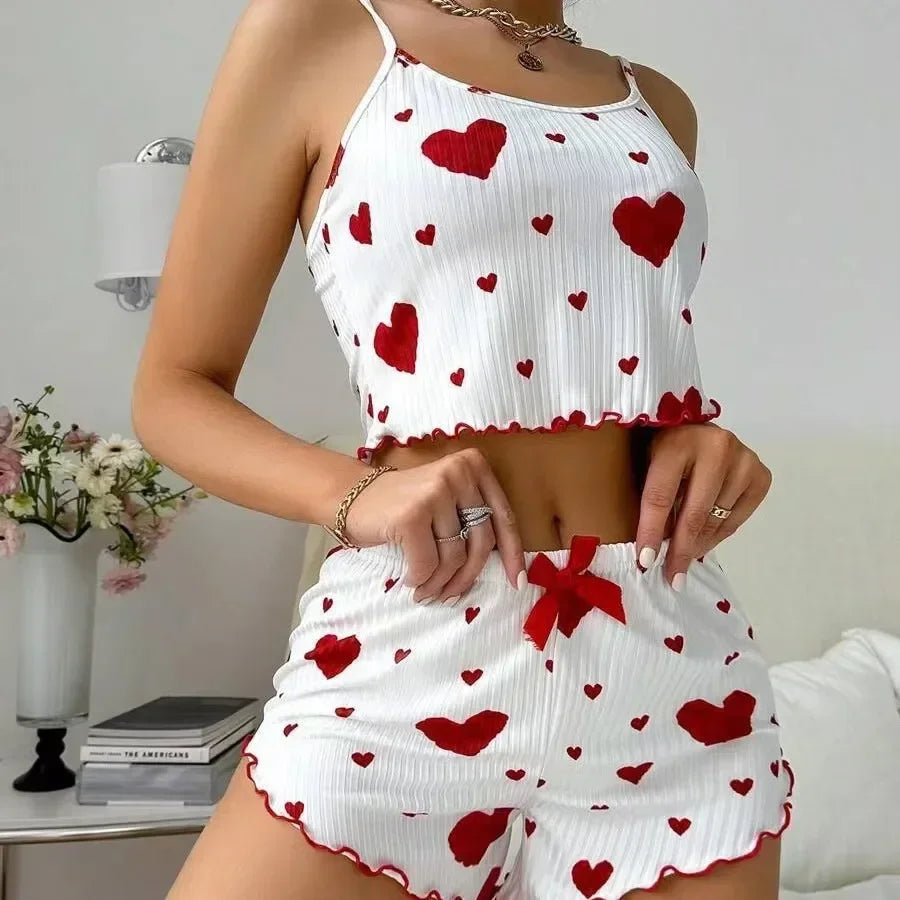 Heart Print Backless Pajama Set – Cute & Comfy Summer Loungewear Style Heaven