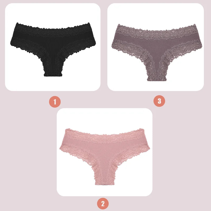 3PCS Women's Lace Seamless Cotton Panties – Ribbed Brazilian Low Waist Underwear, Breathable & Plus Size Lingerie Style Heaven