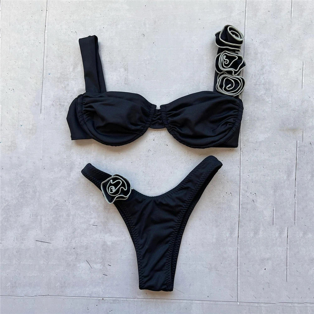 Sexy 3D Flower Shiny Pink Push-Up Bikini – Underwired High-Cut Bathing Suit with Wrinkled Detailing – 2025 Swimwear Set Style Heaven
