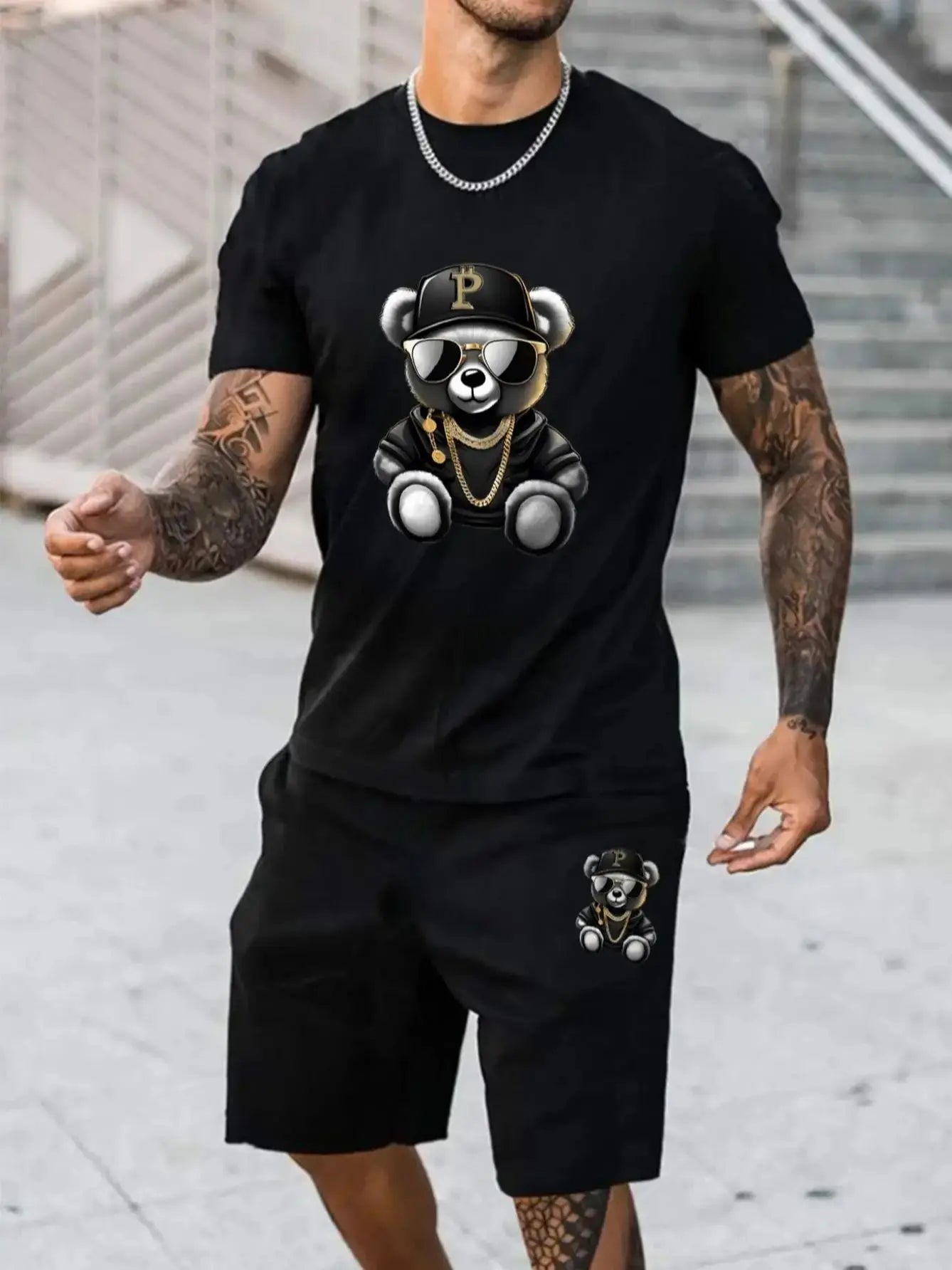 Men’s Summer Bear Print T-Shirt & Shorts Set – Casual Outdoor Wear - Style Heaven