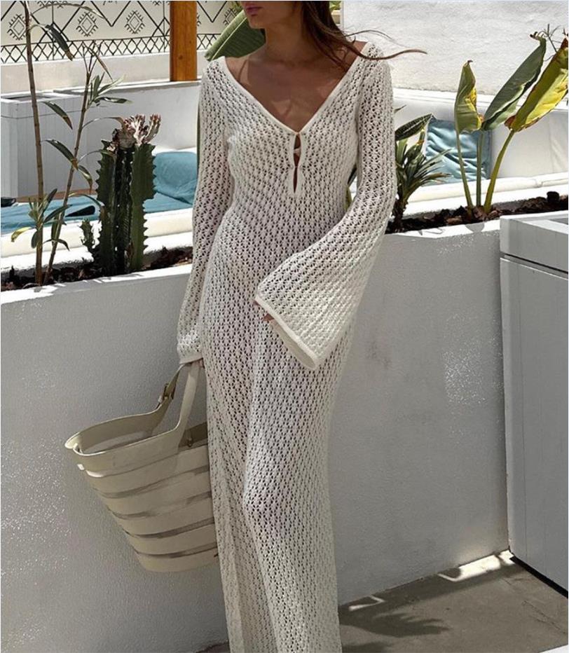 Sexy Women’s Long Knit Beach Dress – Hollow-Out Deep V-Neck Bikini Cover-Up Style Heaven