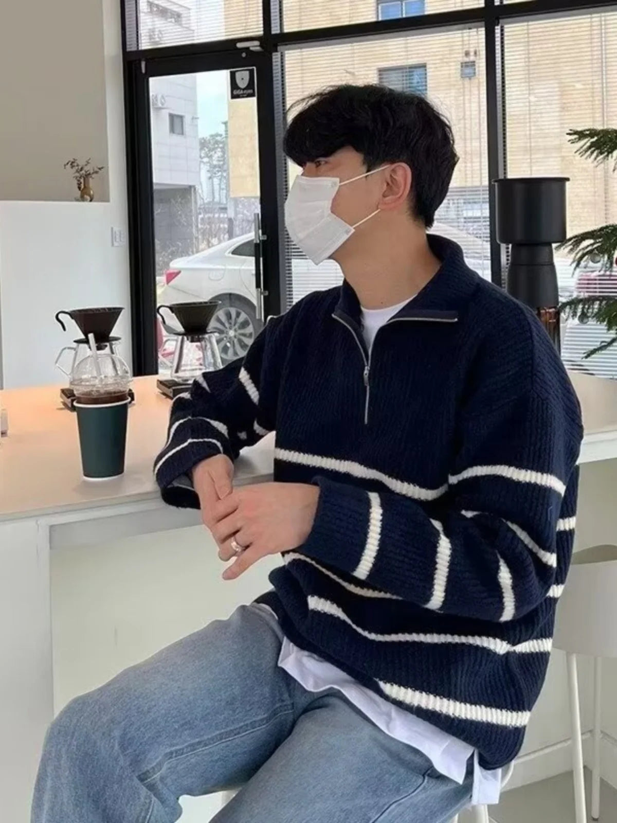 Men’s Korean-Style Striped Knitted Sweater – Mid High Collar Slim Fit Long Sleeve Casual Hoodie - Style Heaven