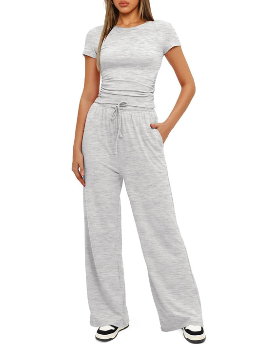 Women's Summer Casual 2-Piece Tracksuit – O-Neck T-Shirt & Wide-Leg Pants Set Style Heaven