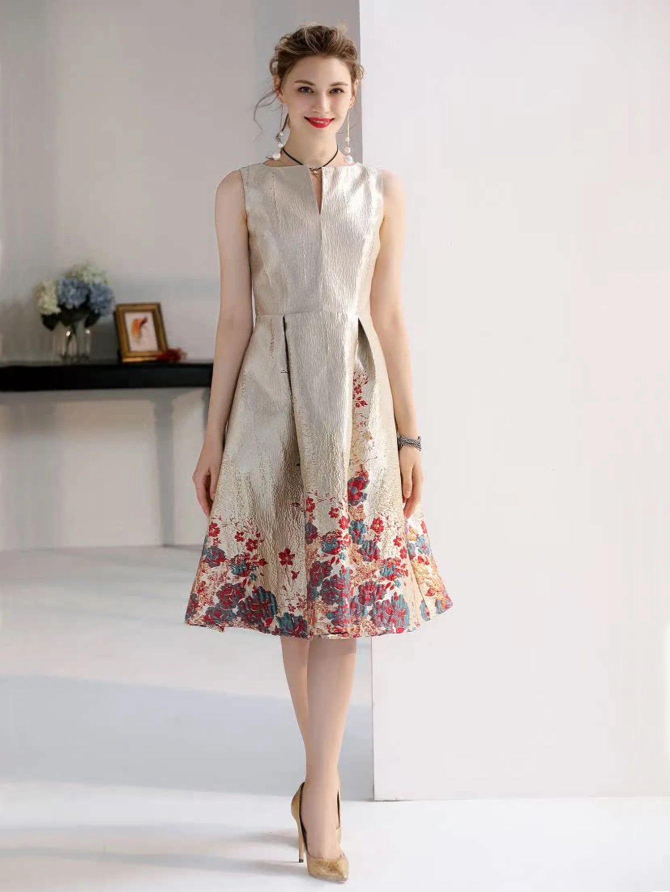 Luxury Women’s Jacquard A-Line Ball Gown – Sleeveless Summer Midi Party Dress Style Heaven