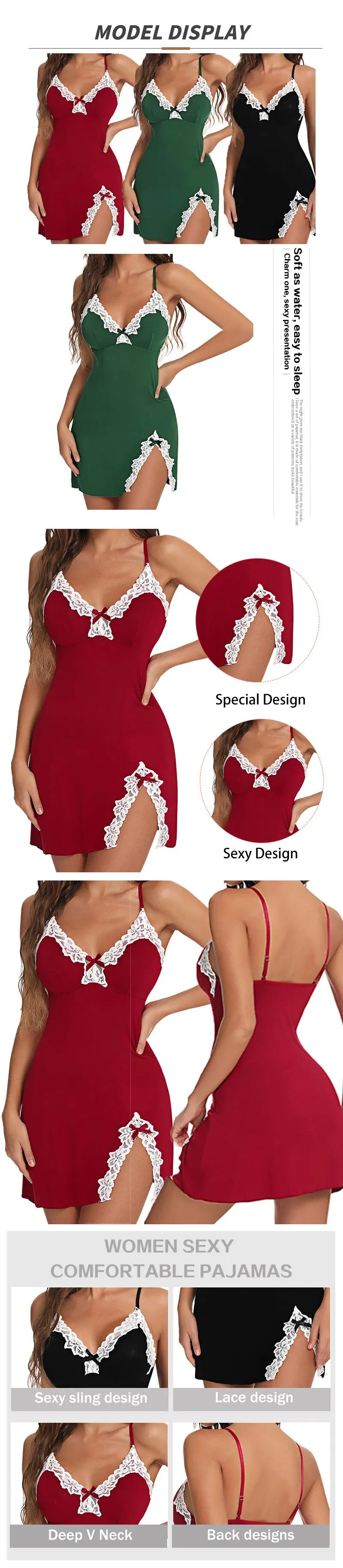 Sexy Lace Silk Satin Nightgown – V-Neck Split Hem Sleepwear Style Heaven