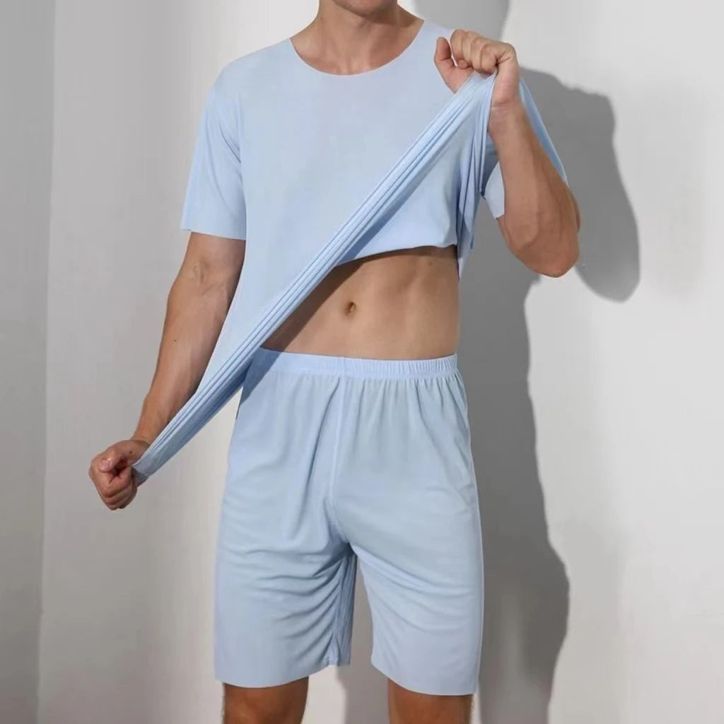Men’s Ice Silk Pajama Set – Short-Sleeve & Shorts, Lightweight Summer Sleepwear Style Heaven