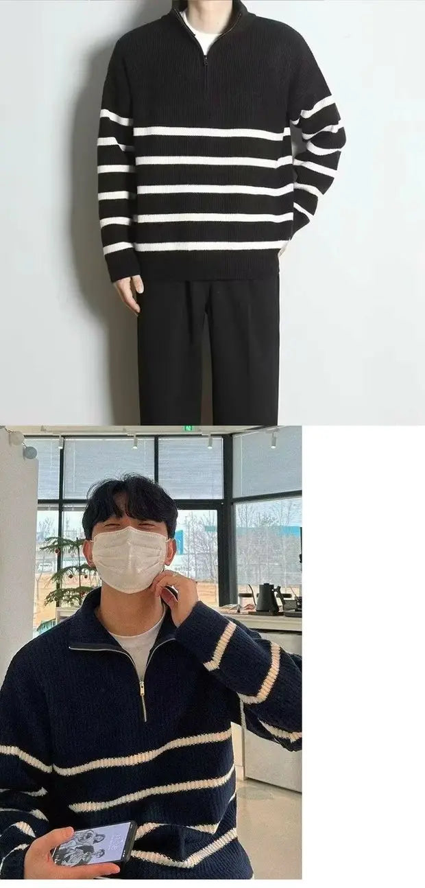 Men’s Korean-Style Striped Knitted Sweater – Mid High Collar Slim Fit Long Sleeve Casual Hoodie - Style Heaven